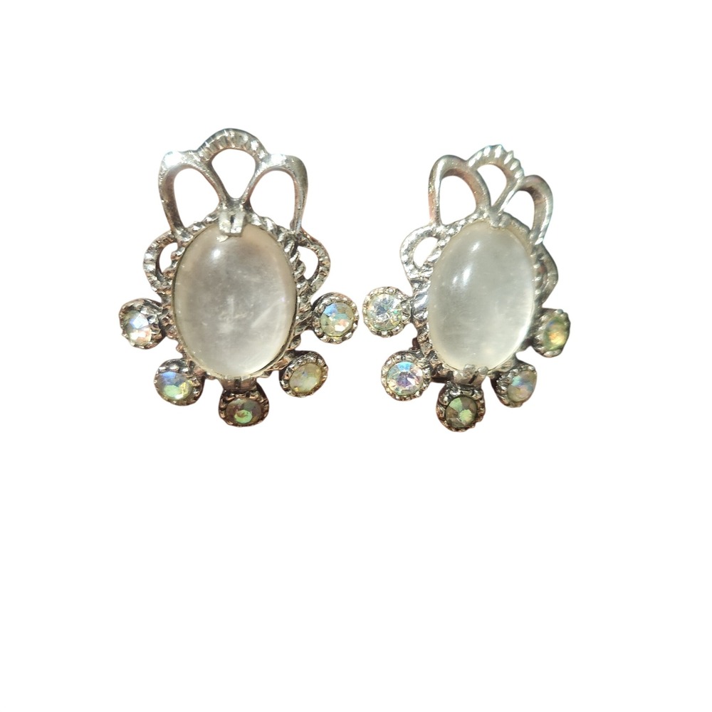 Vintage Selro cora Silver Tone Faux Moonstone AB Rhinestone Clip On‎ Earrings